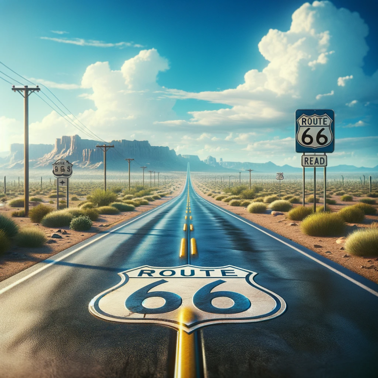 DALL·E 2024-01-06 13.10.55 - A realistic image of Route 66 with a desert landscape, the iconic road stretching into the horizon under a bright blue sky, classic road signs visible.png
